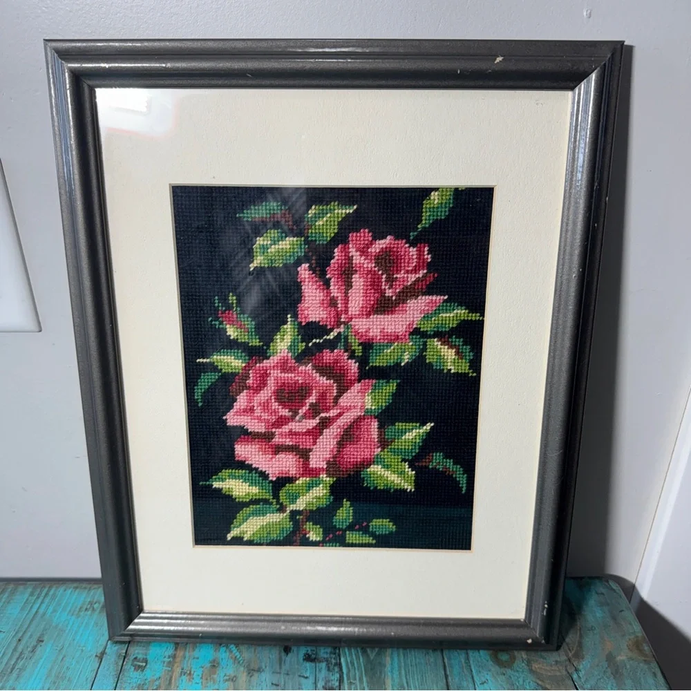 Vintage Framed Cross Stitch Needlepoint Artwork Roses 15" x 12" - Picture 2 of 7